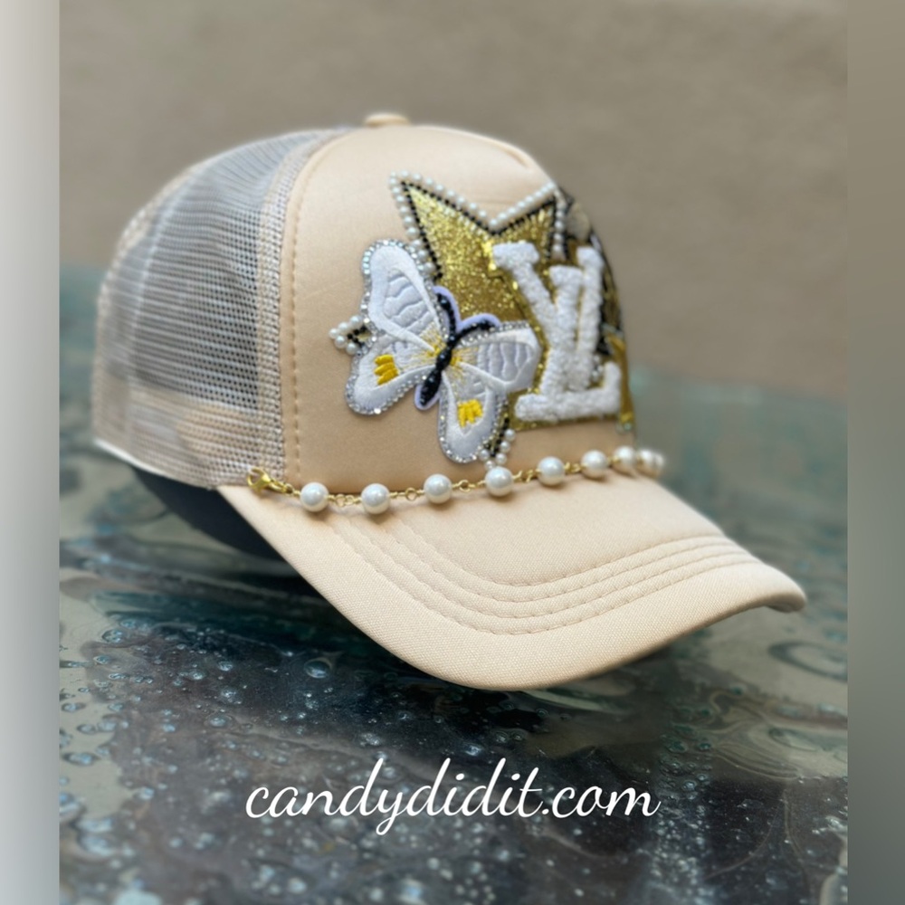 Beautiful Handmade LV Embellished Beige Cap with Pearls and Patches - Picture 4 of 9